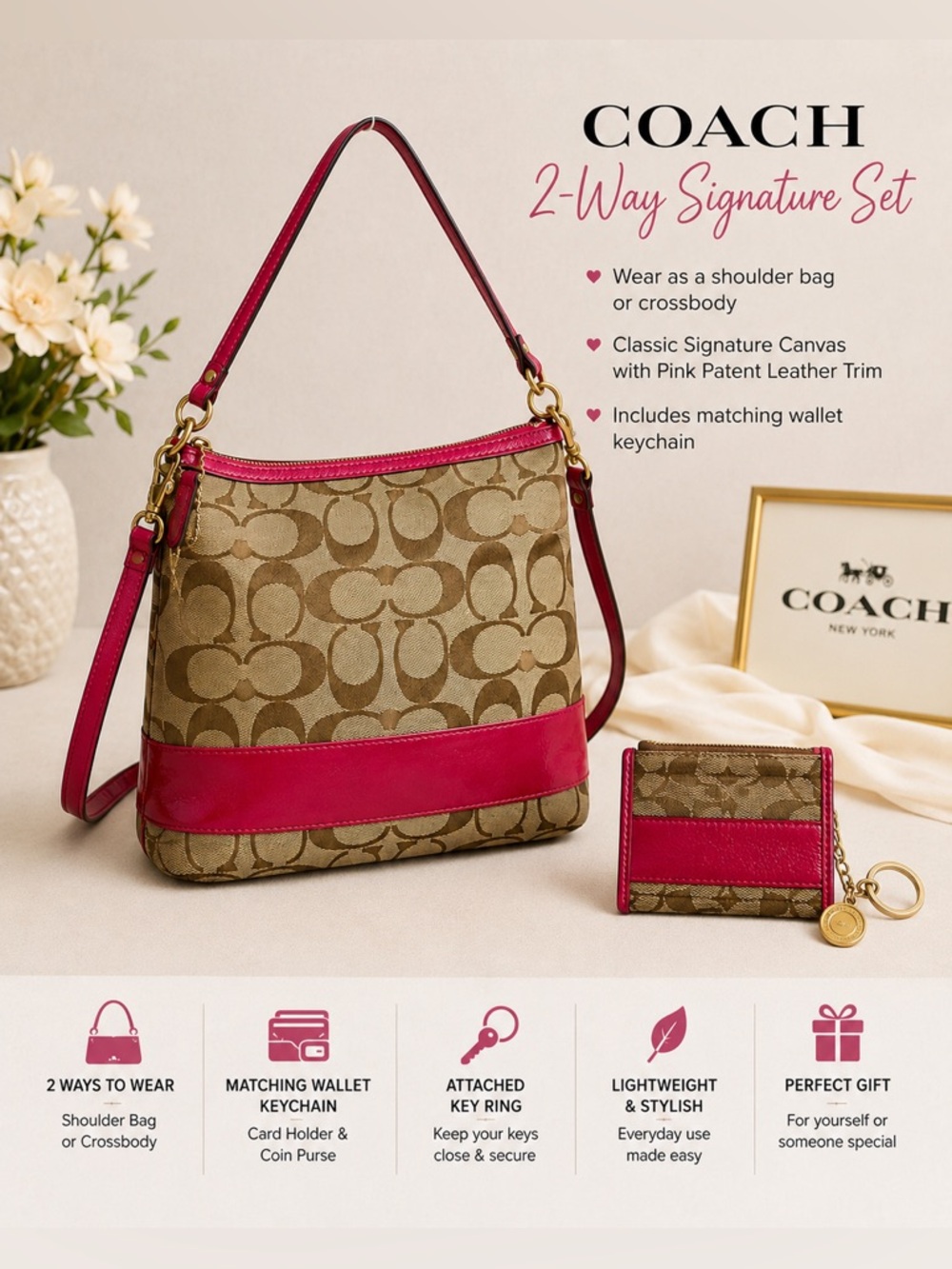 PURSE AND WALLET: COACH 2-Way Signature Khaki & Pink File Bag & Keychain Wallet - Picture 3 of 13